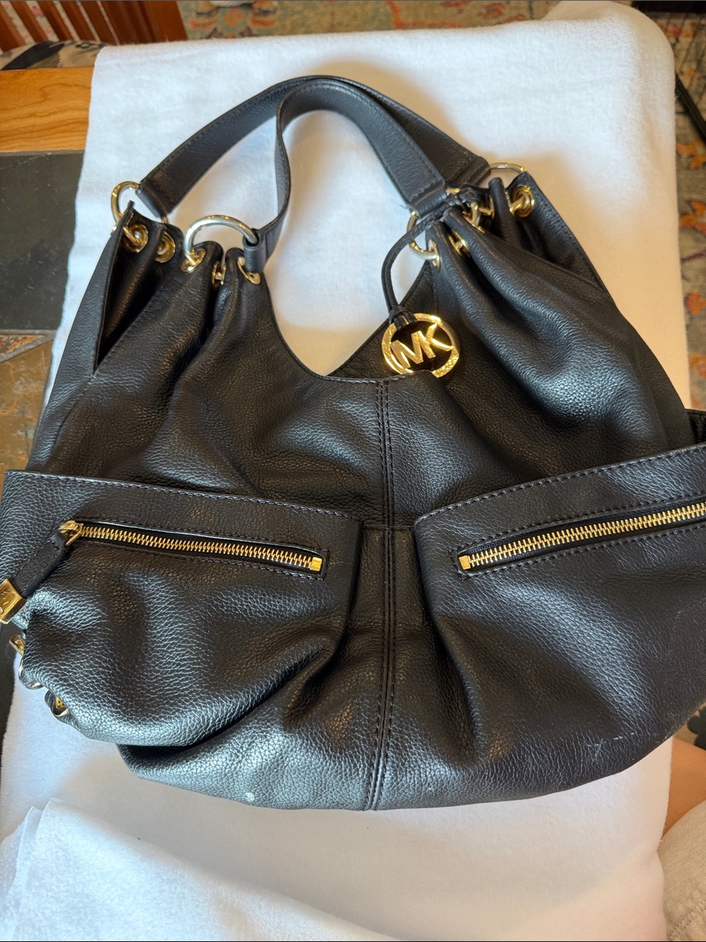 Michael Kors Black Leather Shoulder Bag Gold MK Charm Layton hobo